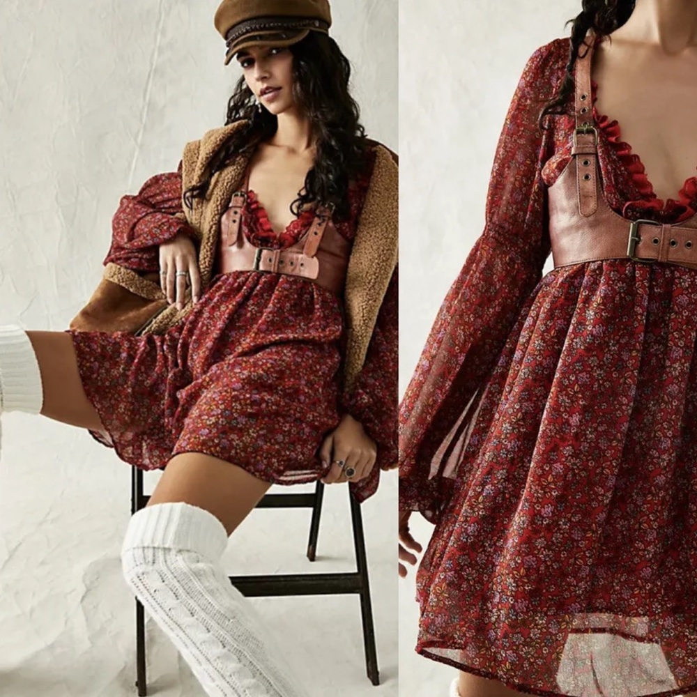 Free People Pennie Printed Babydoll Lace Ruffles Mini Dress S Cherry combo